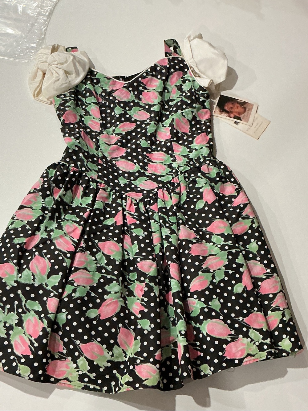 Girls Black Polka Dot Floral Dress with Puff Sleeves
